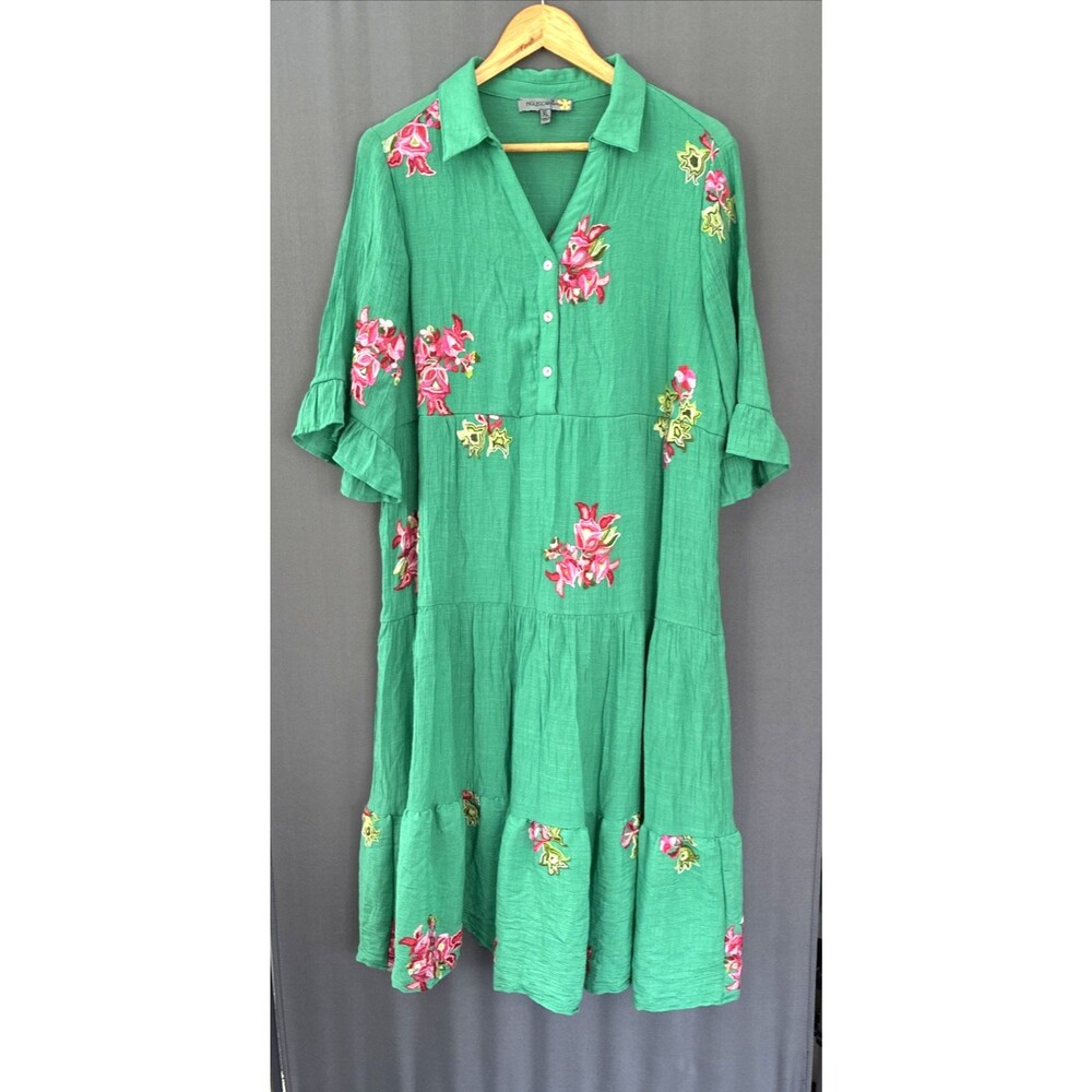 Figueroa & Flower Tiered Shirt Dress XL Green Floral Embroidered Fairy Cottage